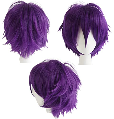 Gairyan peruk lila peruk kvinnor unisex anime cosplay peruk kort syntetiska kvinnor män raka peruker halloween karneval kostym temafest kostym