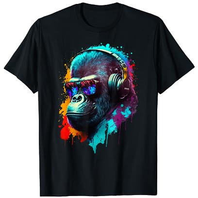 Gorille Singe DJ Casque Lunettes de soleil Coloré Club T-Shirt