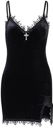 Mini robe gothique pour femme avec bretelles spaghetti et fente latérale en velours, Z-sexy Noir, XXL
