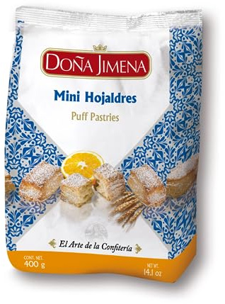 Doña Jimena Mini Hojaldres con Azúcar Glass, Calidad Suprema, Sabor auténtico, Para compartir, Típico Dulce Navideño, Receta Artesanal, 400g | Textura crujiente, hecho en España, ideal para regalar, para compartir o como capricho, dulce navideño