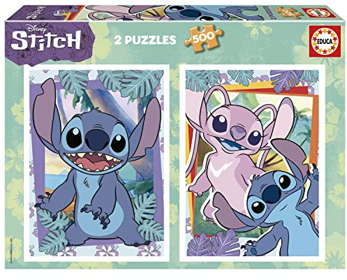 Educa - 2 Puzzles da 500 pezzi ciascuno per adulti e bambini e le immagini di Stitch. Misure: 34 x 48 cm. Include colla fix puzzle. Da 11 anni (19732)