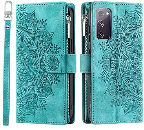 VEEMOS Handyhülle für Samsung Galaxy S20 FE 5G hülle Klappbar Blumen Handytasche Schutzhülle Klapphülle mit Kartenfach Handy Tasche Book Cover Flip Case Ständer - Grün