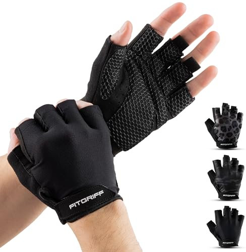 Fitgriff® Guanti Palestra Uomo e Donna (Imbottiti) - Guanti da Fitness Antiscivolo per Allenamento - Accessori Sollevamento Pesi (Size 6, Black)