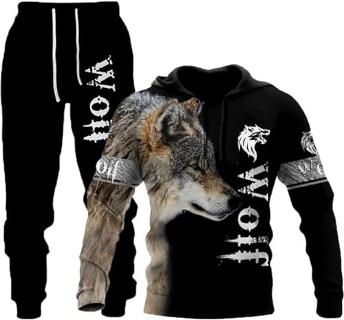 hiegi 3D Wolf Herren Jogging Anzug Trainingsanzug Sportanzug Fitness Sporthose Hoodie Hose Trainingsanzug mit Kapuze (F-Wolf 3,L)