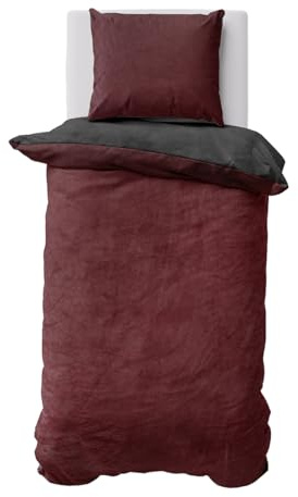 Visaggio Winter Bettwäsche 135x200 cm Teddy Plüsch Premium Cashmere Touch Warme Uni Fleece Wendebettwäsche Bordeaux Anthrazit