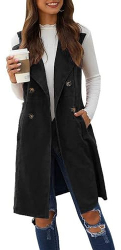 Onsoyours Damen Ärmellos Revers Weste Blazer Anzugjacke Elegant Casual Jacke Geschäft Büro Cardigan Freizeitjacke Einfarbig Langer Mantel Doppelreihige Zwei Knöpfe Anzug Weste A Schwarz 3XL