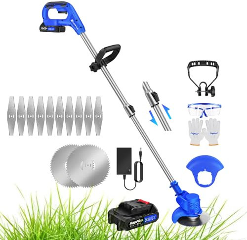 21V Electric Strimmer Lithium-Ion Cordless Electric Weed Sweeper, 1HR Fast Charge Lightweight Lawn Edge Trimmer, 1 * 1500mAh Batteries and 10 Metal Blades, 1 Circular Saw Blade, Blue