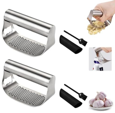 IAZHENJane Broyeur Manuel à l'ail à Bascule Garlic Presse Garlic Press Rocker Crusher Presse ail à Acier INOX Presse ail bascule avec brosse de nettoyage pratique et éplucheur d'ail en sili (2)