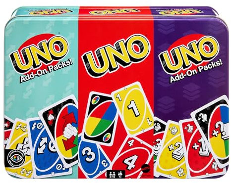 Mattel Games UNO Kartenspiel mit Zwei Erweiterungssets und Sammelmetalldose für Kinder, Erwachsene und Familienspieleabende. 2 bis 10 Spieler, JCV60