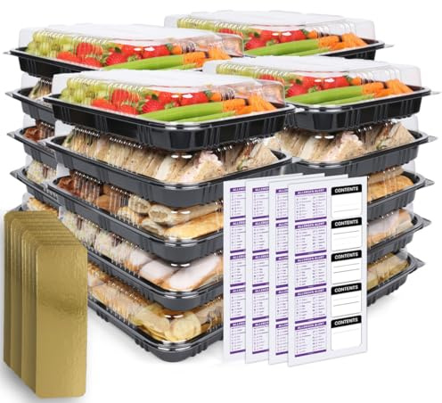 Kitchenella Paquete de 20 bandejas reutilizables para sándwiches con tapas transparentes, bandejas para bufé, catering, fiestas con separadores y etiquetas, 33,5 x 24 x 7 cm