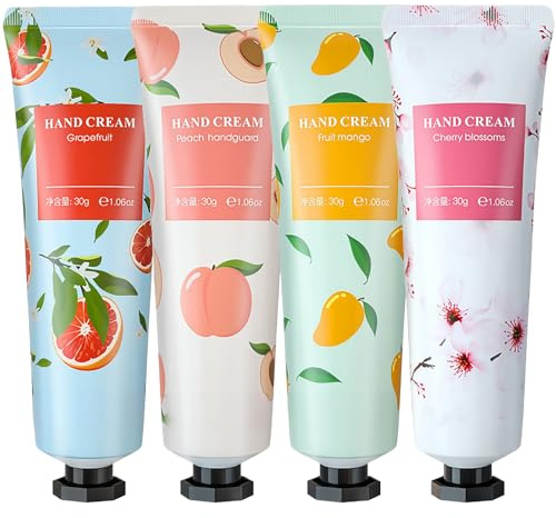 Hand Cream Gift Set, 4PCS Mini Hand Cream Multipack for Very Dry Hands Working Hands, Non-greasy Moisturizing Nourishing Hand Moisturiser for Women girls (Cherry Blossom, Mango, Peach, Grapefruit)
