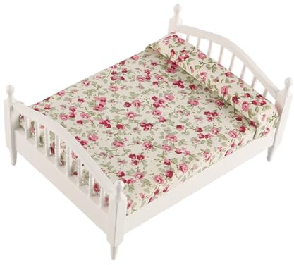 FONGKNOX 1/12 Miniature Double Bed Flower Pattern Miniature Dollhouse Double Bed Wooden Furniture for Dolls House Bedroom Decoration