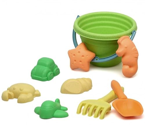 Kiokids | Cubo de Playa con 8 Piezas | Incluye Pala | rastrillo y moldes | Juguete sostenible de Trigo para niños | Ideal para Jugar al Aire Libre y estimular la Creatividad | Recomendado +18 Meses