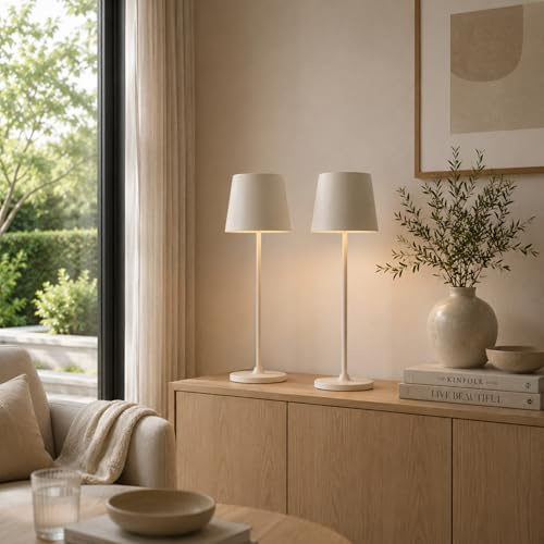 Lightbox 2er-Set LED Tischlampen für Innen & Außen | 37 cm / 23 cm Höhe, Ø | 2er-Set LED Tischlampen für Innen & Außen | 37 cm / 23 cm Höhe, Ø 10cm | beige Outdoor Tischleuchten mit Touch-Dimmer |