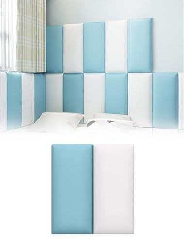 MUMUXIAO 20 x 50 cm, 3D-gepolsterte Wandpolsterung, 2 Stück, Anti-Kollisions-Wandpaneel, 3 cm dick, selbstklebendes Wandkissen, Wandaufkleber für Schlafzimmer, Kopfteil (blau-weiß)