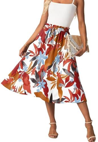 GRECERELLE Gonne midi estive da donna, stile boho, fluide, casual, a vita alta, palazzo linea A, con tasche e cintura a laccetti regolabile, L