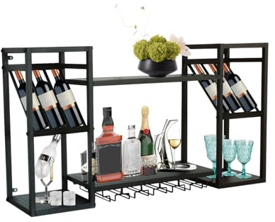 RAJYQODIS Moderne Wand montierte Weinregal mit Glashalter, 2-Tier Schwarze industrielle schwimmende Regal, Metall Bar Likör Weinflaschen Anzeige für Küche Bar Dekoration (Schwarz)