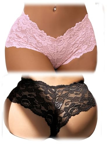 comeondear G-string dam stor storlek spets brasilianska trosor halvgenomskinliga trosor låg midja sexiga underkläder elastiska G-strings mjuka trosor bikini string underkläder 2-pack, Svart + rosa, L