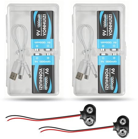 YONHUIZI 4-Pack 1300mAh Rechargeable 9V Batteries, 9 Volt Lithium-ion Square Battery Long Lasting Power+Clip Connector and Storage Box for Smoke Alarms, Student Experiment or Other Equipment