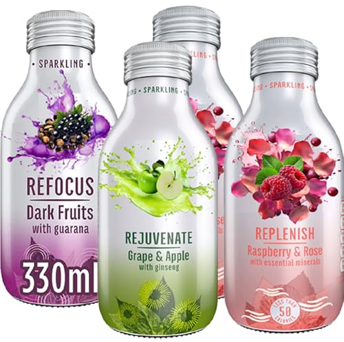 Natural Energy Sparkling Variety Pack – 330ml – Raspberry & Rose, Dark Fruits with Guarana, Grape & Apple with Ginseng – Refreshing, Healthy Energy Drinks - Prd (4 x Bottles)