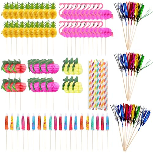 TYXHXTF 120Stück Cocktail Deko Set, Cocktail Schirmchen Papierschirmchen, Wiederverwendbare Cocktailspieße Strohhalme, Eisschirmchen aus Papier, Schirmchen für Fingerfood, Obstspieße, Snacks EIS Deko