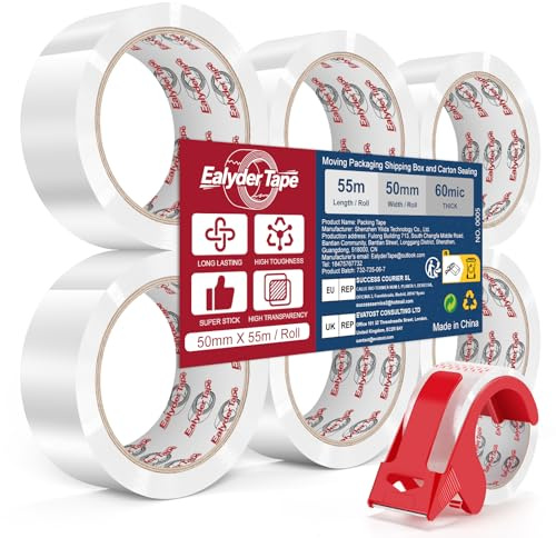 Ealyder Tape Ruban Adhésif Transparent d’Emballage 6 Rouleaux avec Dérouleur – 50mm x 55m, Ruban Résistant pour Cartons, Colis, Déménagement et Expédition
