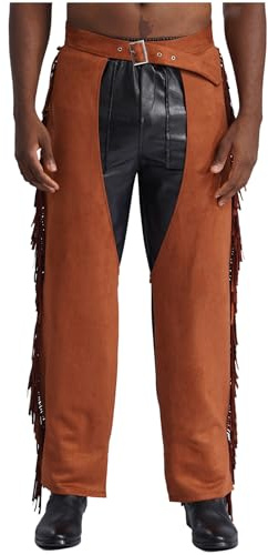 Yhong Mens Faux Suede Fringed Chaps Cowboy Cosplay Costume Adjustable Waistband Hollow Out Pants