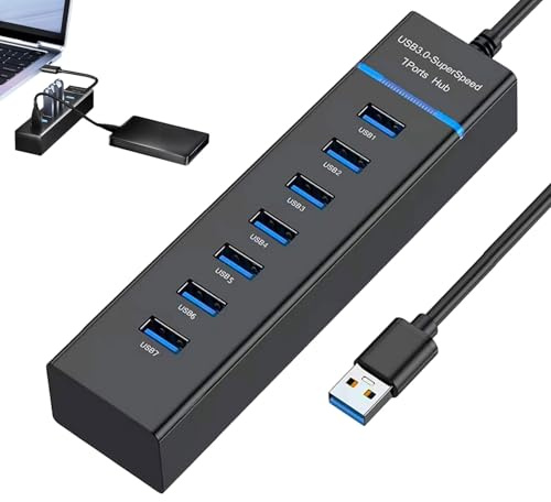 7 Port USB 3.0 Hub,Plug and Play Portable USB Extension Splitter Hub for Laptop,Usb Extension Cable,5Gbps Data USB Splitter Multiport Adapter,and More Compatible With All USB 3.0 Port Devices