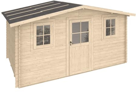 Casetta in legno da giardino Aurora 4x3 m con porta finestrata e 2 finestre – Struttura Block House 25 mm in abete naturale – Capanno, studio o dependance – Made in Italy