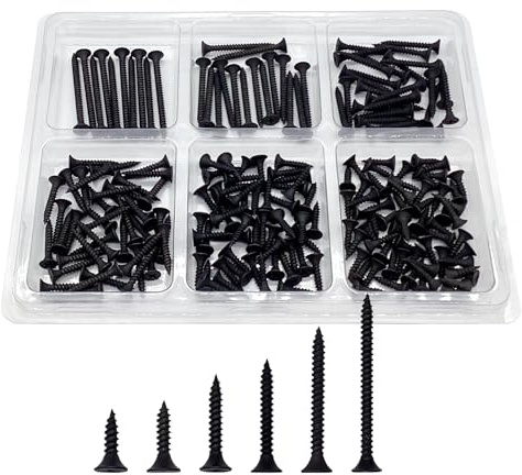 200PCS #6 Wood Screws Assortment Kit, Drywall Screws, Black Wood Screws, Assorted Wood Screws, Flat Head Screws, Screw Assortment, 6 Sizes, (2'', 1-1/2'', 1-1/4'', 1'', 3/4'', 5/8'')