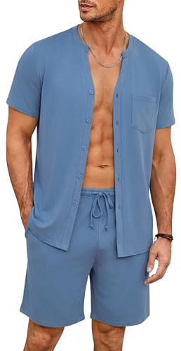 Demegimi Pijama Hombre Verano Manga Corta y Pantalón Corto Conjunto de Dos Piezas Cómodo y Ligero Ropa de Dormir Hombre