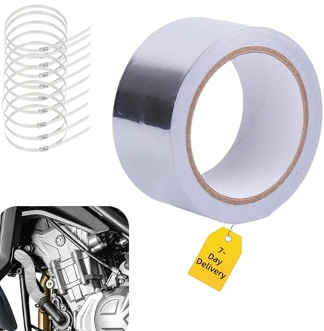 Hitzeschutzband Auspuff, hitzebeständiges Auspuffband, selbstklebendes Dichtband mit 10 Kabelbindern für Auto & Motorrad Krümmer Reparatur (0,05 mm*6 cm*50 Meter)