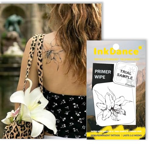InkDance Semi-Permanent Tattoo, Floral Lily, Flowers, Long Lasting Temporary Tattoos, Waterproof Plant-Based Ink, Lasts 1-2 Weeks, Color Develops in 24 Hours D085