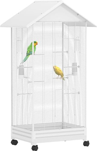 PawHut Cage Oiseau sur Pied, volière Oiseaux intérieure sur roulettes, avec Plateau Coulissant, 2 mangeoires et 8 perchoirs, pour pinsons canaris, 79 x 65 x 155 cm, Fil d'acier, Blanc
