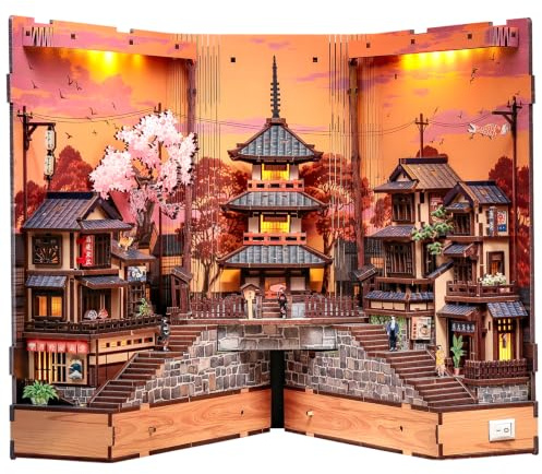 Cutefun Japansk bokkrok – Japan gör-det-själv miniatyrkit 3D träpussel för vuxna bokhylla diorama – hantverksgåva för kvinnor pusselälskare (Twilight Sakura Path)