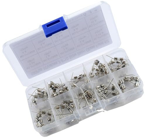 100 Stück Glas-Sicherung 3,6x10mm Sortiment 0,5A-10A 250V mit Stift, 10 Werte Elektronik Sicherungsröhren für Haushaltsgeräte und Stromkreise, Transparent/Silber