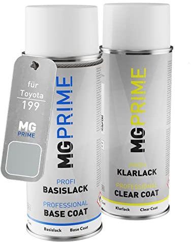 MG PRIME Autolack Set Spraydose für Toyota 199 Alpine Silver Metallic +1K | Brillantsilber Metallic, Set aus Basislack + Klarlack, Sprühdosen 400ml