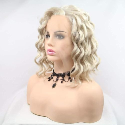 Xiweiya peruker blandad blond peruk bob peruk kort lockig syntetisk blond spets framsida peruker sidodelning värmebeständig fiber kvinnor hår 35,56 cm
