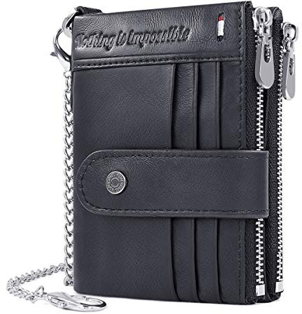 REETEE Carteras para Hombre Billetera de Piel con RFID Bloqueo Billeteras Hombre y Monedero con Cremallera, Monedero Hombre Pequeño19 Ranuras para Tarjetas y Cartera Hombre con Cadena