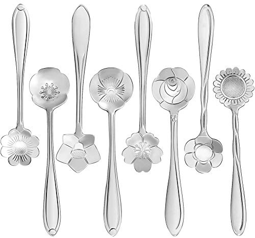 Benoon Mini-Löffel, 8 Stück, Edelstahl, Blumendesign, Rührlöffel, Teelöffel für Desserts, Tee, Kaffee, Silber