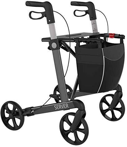 Rehasense Leichtgewicht-Rollator Server Komfort | Alu-Rollator belastbar bis 150 kg mit abnehmbarer Einkaufstasche, Ankipphilfe und Softbereifung (M, anthrazit)