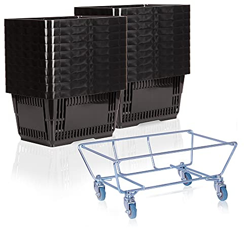 goodsforbusiness Sammelwagen + 20 Einkaufskörbe schwarz Korbstapelwagen 22 Liter | Rollwagen für Kunststoffkörbe | Korbwagen stabil | Einkaufskorbwagen