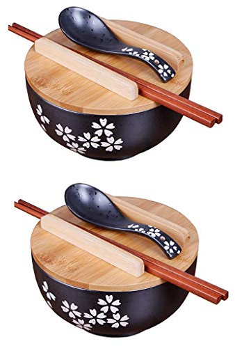 zaqiming 2PCS Vaisselle de cuisine japonaise coréenne vintage bol nouilles bol de riz style japonais bol de nouilles instantanées en céramique noire Baguettes avec couvercle et cuillère