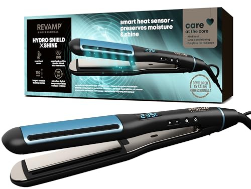 REVAMP Hydro Shield X Shine Keramik-Haarglätter – Lange Platten für schnelles Styling, Glätten, Smart-Sensor-Hitzeschutz, 4 Ionendüsen – Professionelles Haarglätteisen in Salonqualität | für langes und dickes Haar, Glätten und Locken, Ultraschnelles Aufheizen, Salonqualität