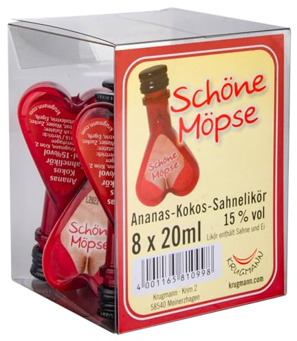 KRUGMANNS SCHÖNE MÖPSE Ananas-Kokos-Sahnelikör 8 x 20 ml - 160 ml -15% Vol. Herzförmiges Formfläschchen.