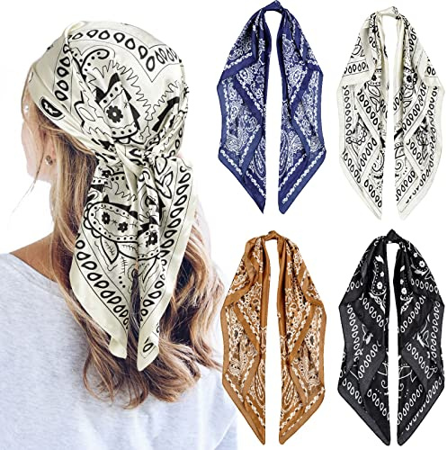 QBSM 4 Pcs 35'' Satin Seidentuch – Großes Quadratisches Kopftuch für Frauen, Seidenschal für Haar, Schlaf & Hals (90x90cm)