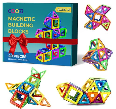 COOZI Magnetic Tiles for Kids – 40pc STEM Magnetic Building Blocks Set for Toddlers 3+ | Educational Magnet Toys, Shapes & Squares | Safe & Durable Kids Construction Toy