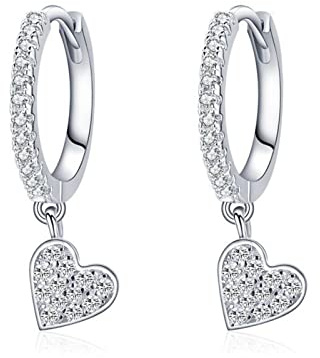 Bo Win Orecchini a cerchio in argento 925, orecchini a forma di cuore con zirconi piccoli orecchini a cerchio e ciondolo a forma di cuore, orecchini pendenti in argento per donna e ragazza