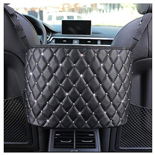 HappyERA- Organizer per sedile posteriore per auto con strass, tasca porta borsa in pelle da appendere tra i sedili dell'auto, barriera del sedile posteriore per animali domestici - nero 1