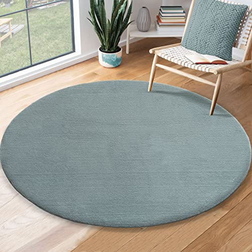the carpet Relax Moderner Flauschiger Kurzflor Teppich, Anti-Rutsch Unterseite, Waschbar bis 30 Grad, Super Soft, Felloptik, Blau, 120 cm Rund